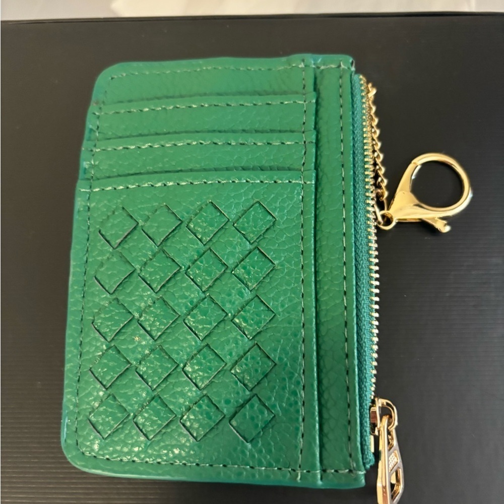 Green Leather Card Holder with Gold Zipper